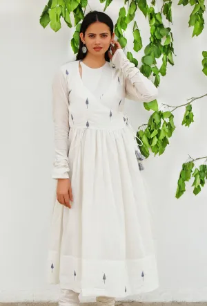 White Jamdani Mulmul Cotton angrakha flared Kurta Dress