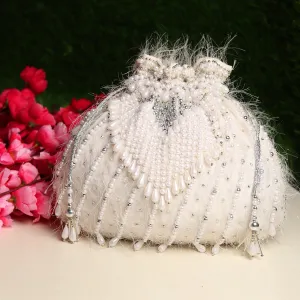 White Potli Bag, Designer Bag, Hand embroidered and Embellished with Pearls