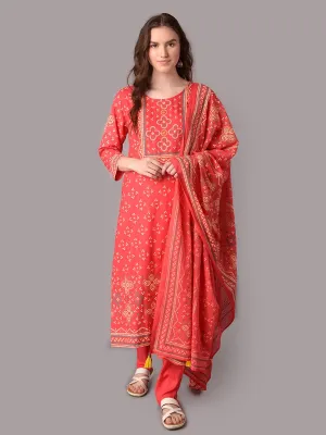 Women Fuchsia Ornamental Printed Kurta Trouser Dupatta