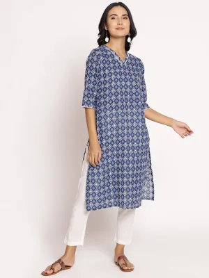 Women Indigo Blue Ornamental Printed Kurta