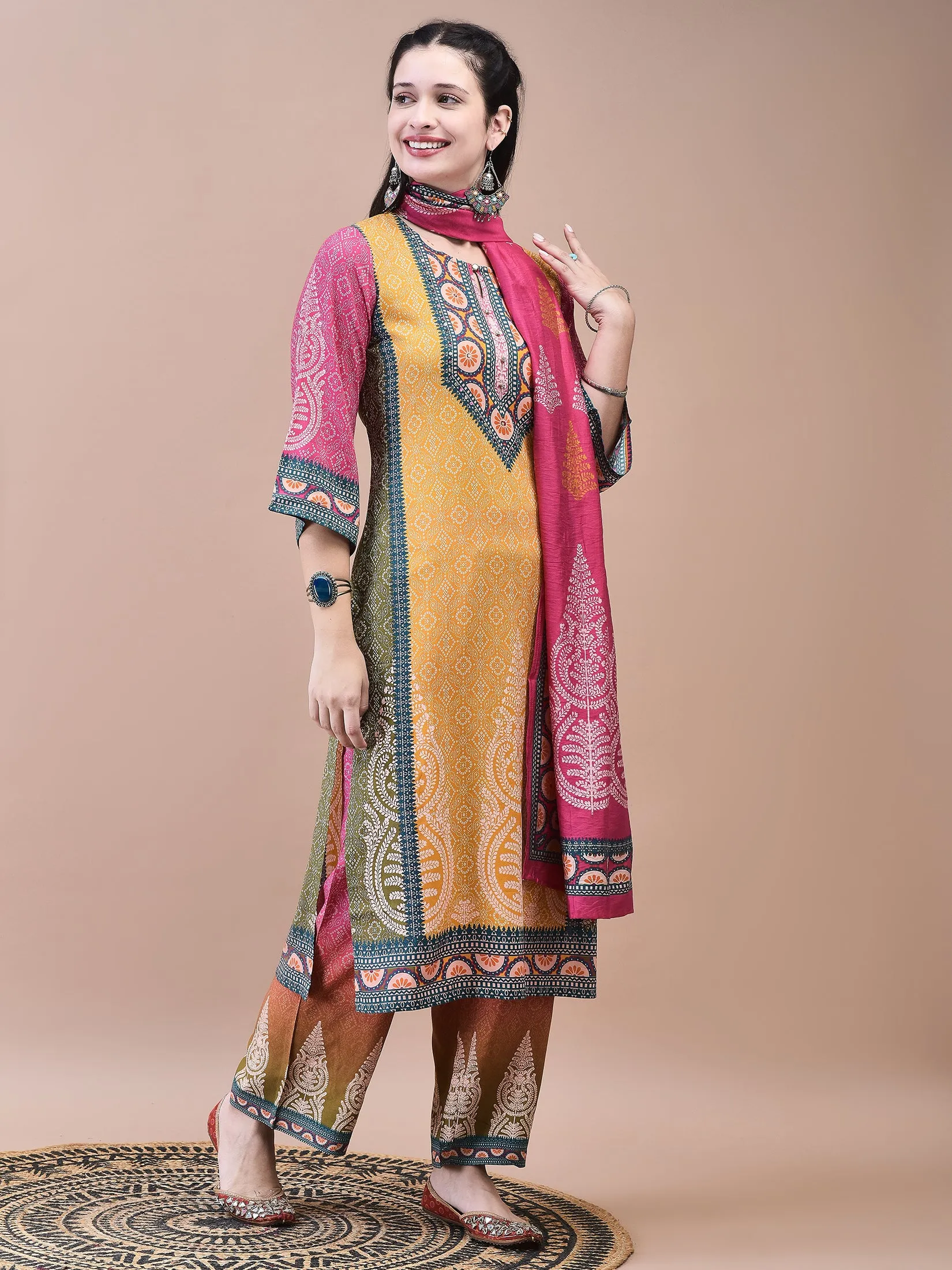 Women Liva Multicolor Ornamental Print Kurta Comfort Pant Chanderi Dupatta