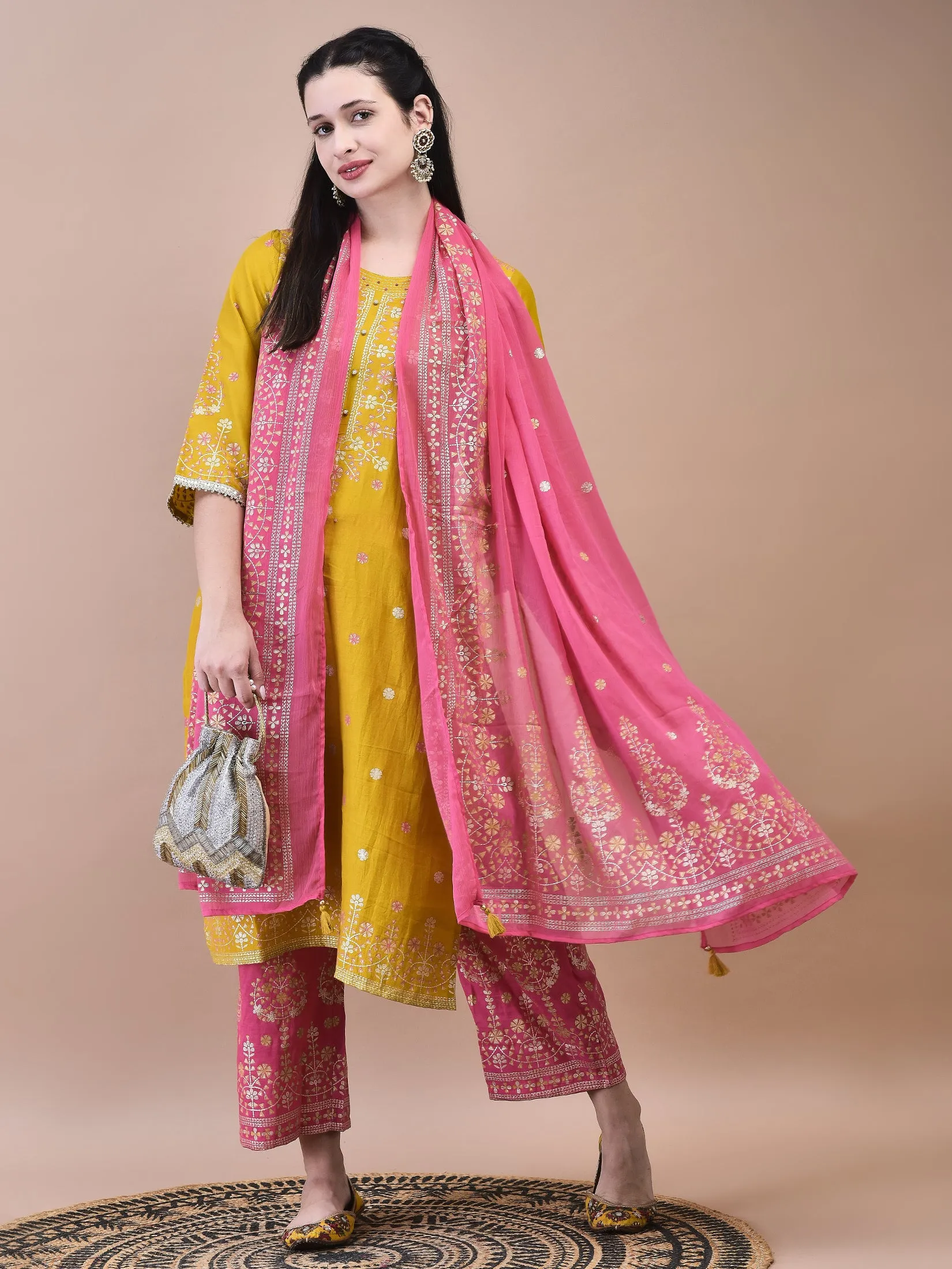 Women Samaira Mustard Ornamental Print Kurta Comfort Pant Dupatta