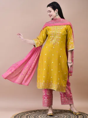 Women Samaira Mustard Ornamental Print Kurta Comfort Pant Dupatta