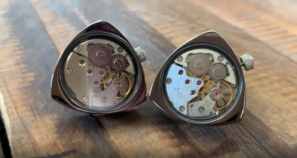 Working Watch Movement Steampunk Cufflinks Gunmetal and Silver Reuleaux