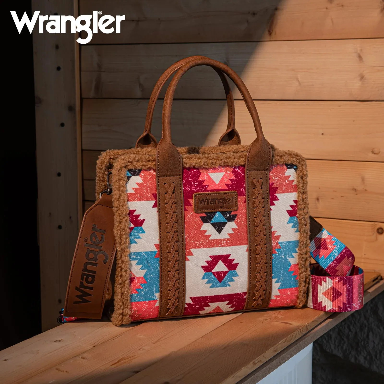 Wrangler Sherpa Southwestern Print Small Canvas Tote/Crossbody - Brown